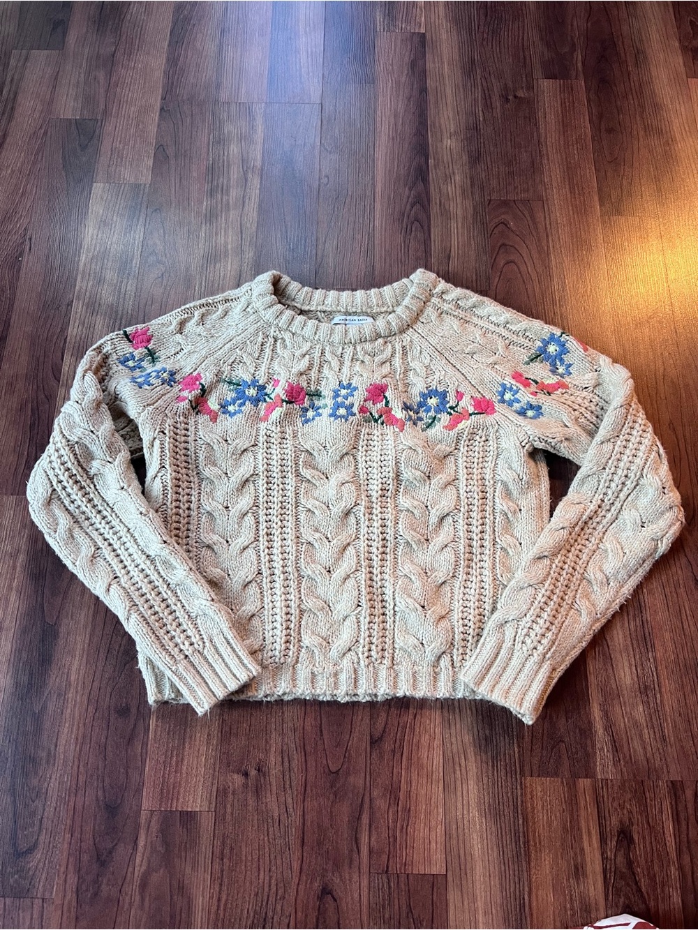 American Eagle Floral Embroidered Cable Knit Sweater Cream XXS